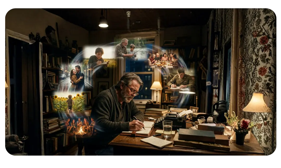 An older writer working at his desk surrounded by glowing visions of the stories he creates — love, family, military service, childhood, and friendship — representing Ryan D. Patterson Sr. as a craftsman of human experience whose life fuels every story he tells