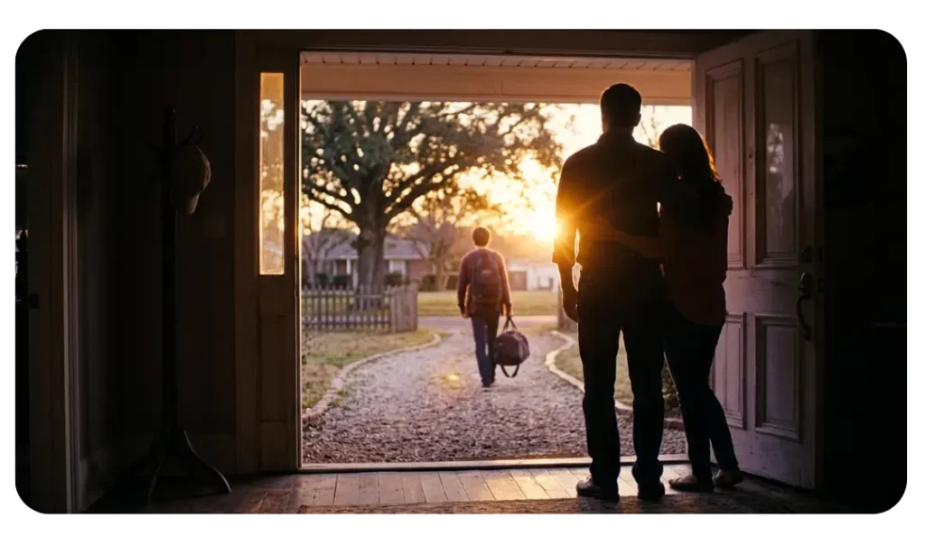 No Place like Home Two parents standing at the doorway watching their child walk away at sunset — featured image for No Place Like Home by Ryan D. Patterson Sr.