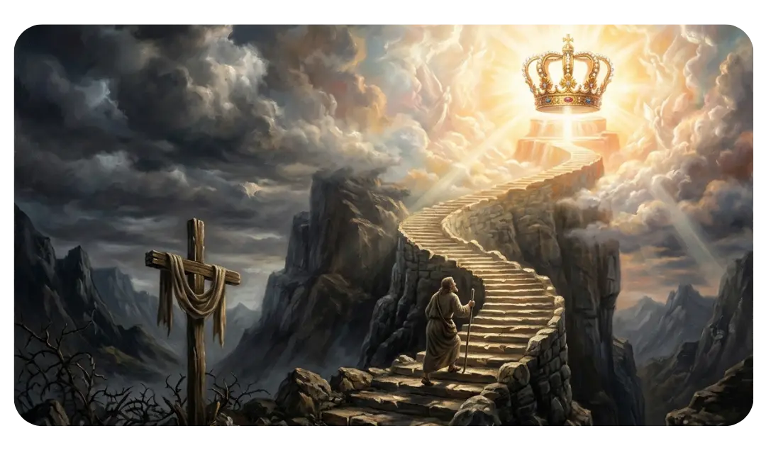 A lone pilgrim climbing a stone stairway toward a glowing crown in the heavens beside a wooden cross on a stormy mountain — representing the spiritual choice between earthly glory and faithful sacrifice