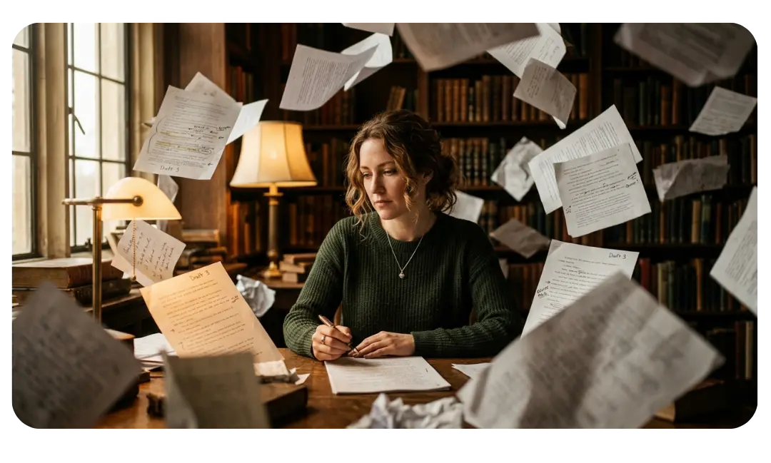 Striving for Excellence or Completeness A woman writing at a library desk surrounded by swirling manuscript drafts — representing the daily process of self-revision, growth, and rewriting your life's story