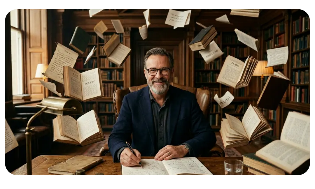 A smiling man writing at a library desk surrounded by flying open books on poetry, philosophy, and truth — representing a writer's identity, passion for storytelling, and the joy of creative expression