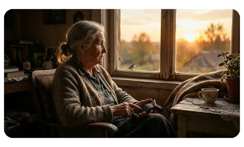 An elderly parent looking out the window representing parents feeling lonely and forgotten