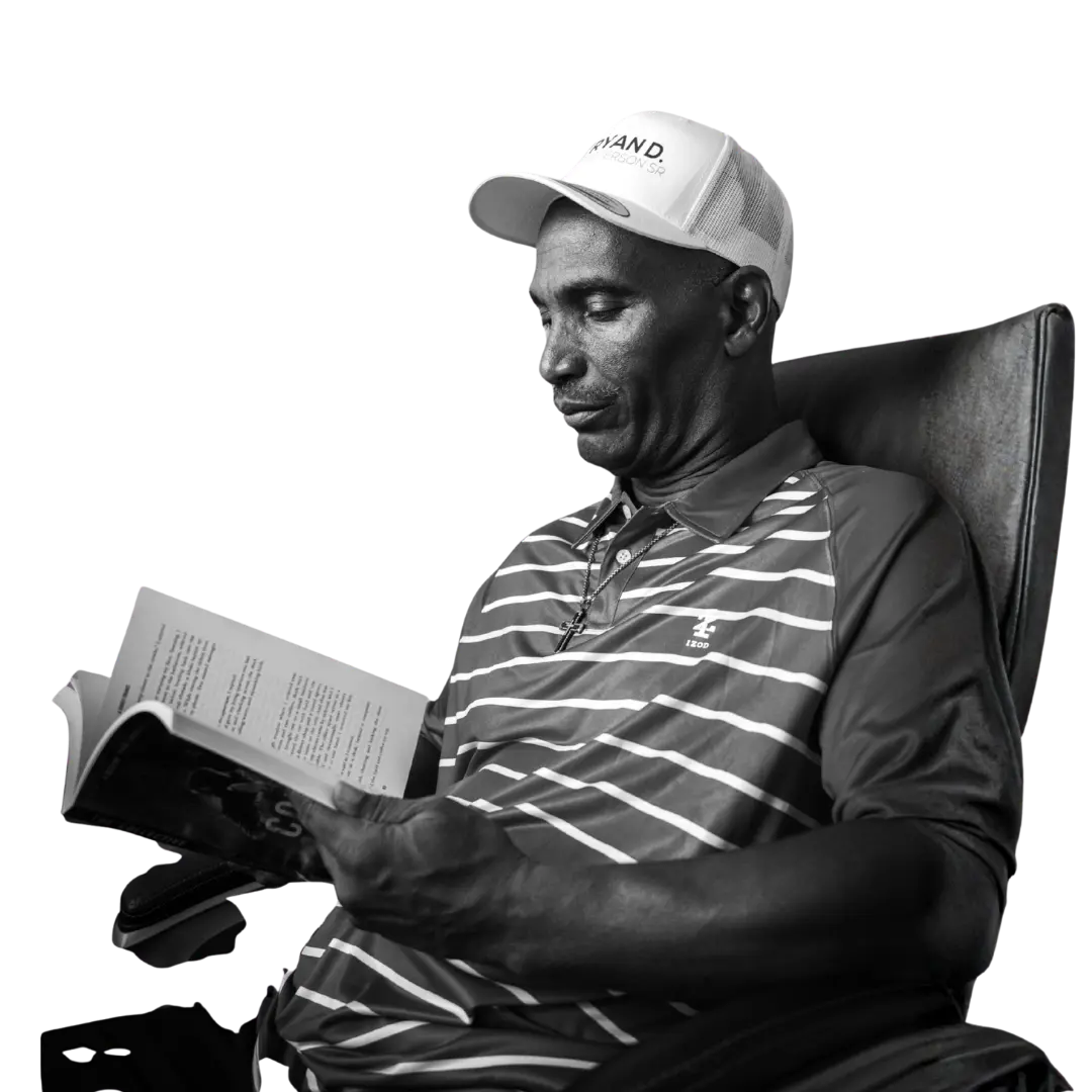 Ryan D. Patterson Sr. transparent cutout portrait - reflective storyteller reading a book