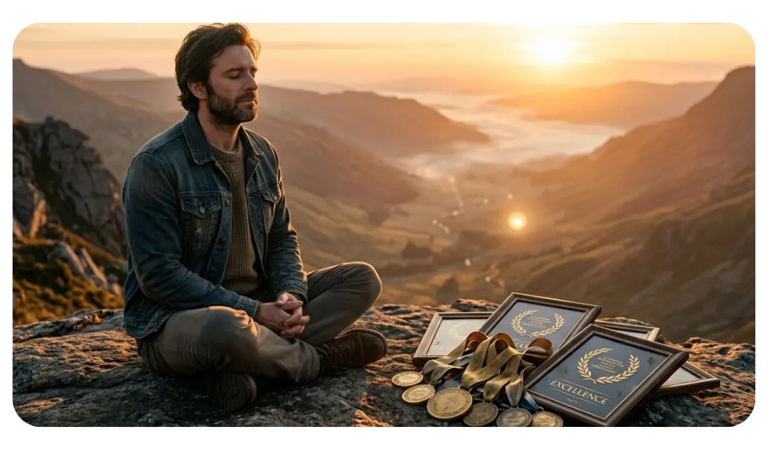 A serene landscape illustrating a person striving for excellence in life and finding peace