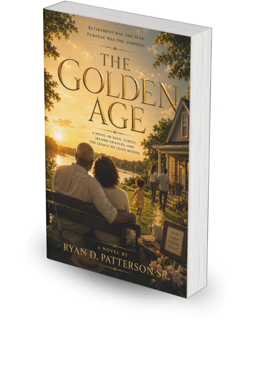 The Golden Age - Ryan D. Patterson Sr. 3D book cover mockup of The Golden Age, a heartwarming family drama novel by Ryan D. Patterson Sr. showing a couple sitting outside near a house
