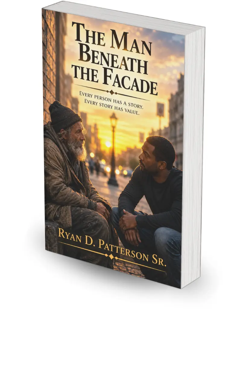 The Man Beneath the Facade - Ryan D. Patterson Sr. 3D book cover mockup of The Man Beneath the Facade, an inspirational fiction novel by Ryan D. Patterson Sr. showing two men sitting and talking outside